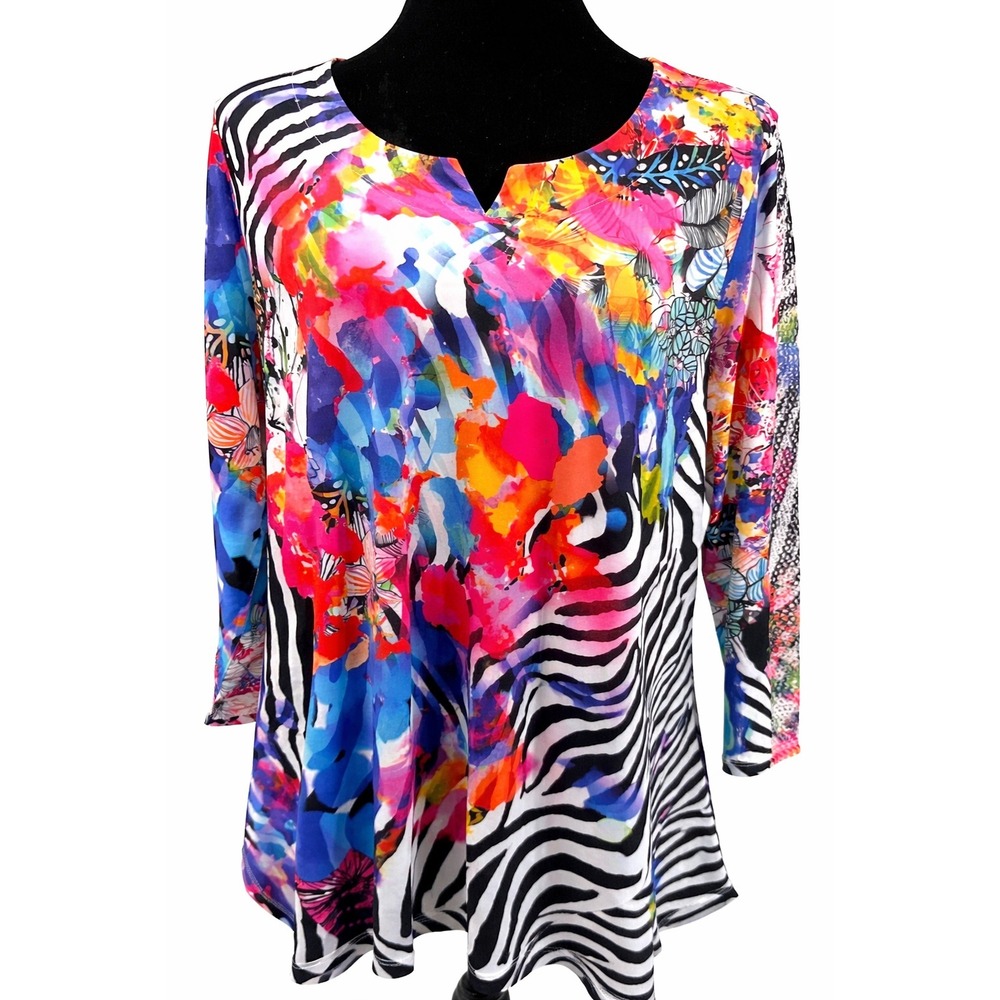 Pleats Collection Women's Scoop Neck Top Large Multicolor Abstract Floral